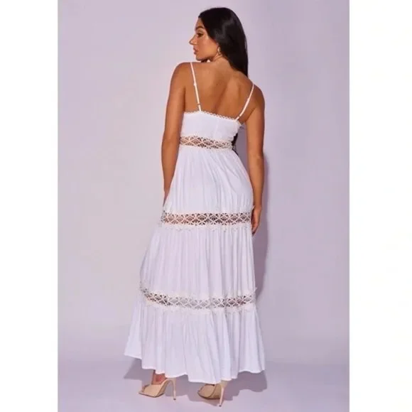 White Sleeveless V-Neck Crochet Trim Tiered Maxi Dress - Picture 4 of 9